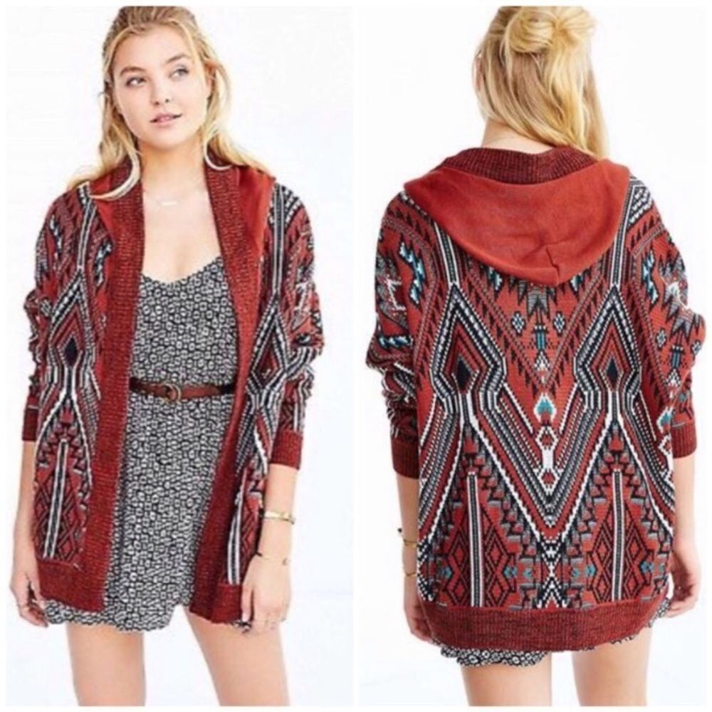 Ecote BrandTribal Print Rust Color Hooded Open Front Cardigan Sweater Size Small